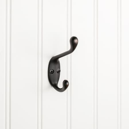 3-3/8 Brushed Oil Rubbed Bronze Small Transitional Double Prong Wall Mounted Hook